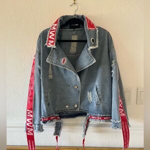 NWOT Fashion Nova Blue Denim Biker Jacket with Red Patches and Trim